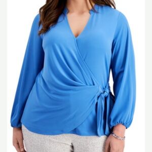 Alfani, sz S, Wrap Top, light Blue, v-neck, long-sleeve elastic blouson, NWT